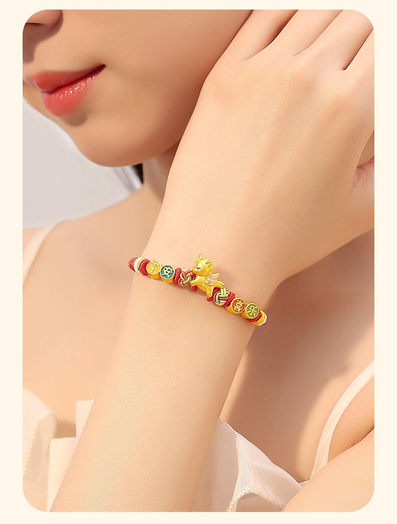 老鳯祥足銀手鍊平安喜樂木馬手繩新年生肖小馬紅繩手鍊