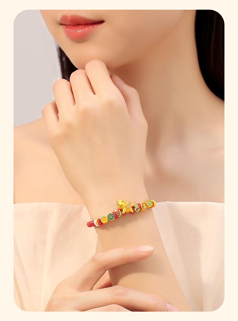 老鳯祥足銀手鍊平安喜樂木馬手繩新年生肖小馬紅繩手鍊